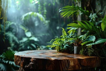 Wooden podium for product presentation with green leaves on the background