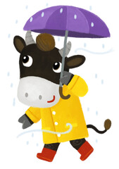 cartoon scene with happy farmer cow on the trip with umbrella in the rain happy having fun in yellow raining coat illustration for children