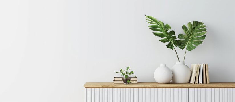 Minimalist white vase and green plant on rustic wooden shelf in natural sunlight