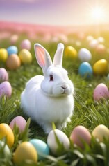 Obraz premium Holiday celebration banner with cute Easter bunny with decorated eggs and spring flowers on green spring meadow. Rabbit in landscape. Happy Easter greeting card, banner, festive background.Copy space