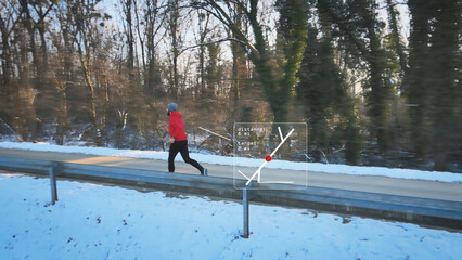 Man running with graphical statistics of distance and health data. 3D render