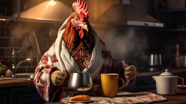 A surreal portrait of a stylish rooster in a housecoat or bathrobe in the kitchen drinking tea, coffee or other hot drink