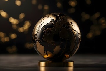 3D black and gold globe on grey backdrop , .highly detailed,   cinematic shot   photo taken by sony   incredibly detailed, sharpen details   highly realistic   professional photography lighting   ligh