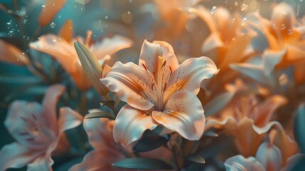 Fototapeta na wymiar Trendy peach Fuzz lily flower background, close up. Concept color of the year 2024 Peach Fuzz. macro apricot flower creative background. 