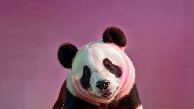 Creative video. Panda sitting on light pink background advertising, place for text birthday party invitation banner