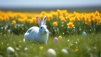 Holiday celebration banner with cute Easter bunny with decorated eggs and spring flowers on green spring meadow. Rabbit in landscape. Happy Easter greeting card, banner, festive background.Copy space