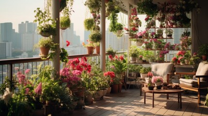 A Balcony With Couches, Tables, and Potted Plants