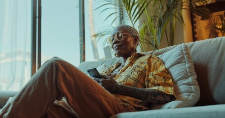 Modern middle-aged professional successful black woman, at home in modern interior design house, beautiful cool cinematic lighting, short focus photography, indoor plants, sunlight and space