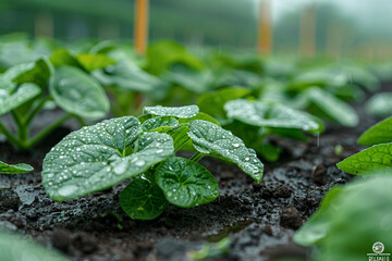 Young sprouts of potato plant with dew drops on the soil.