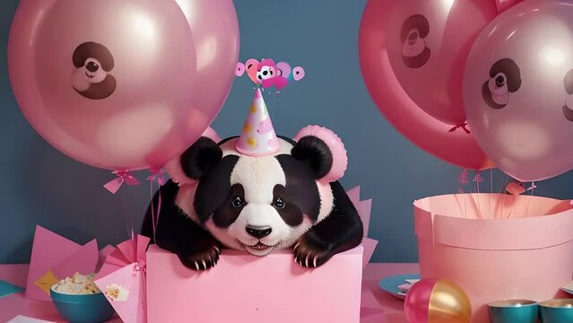 Creative video. Panda sitting on light pink background advertising, place for text birthday party invitation banner