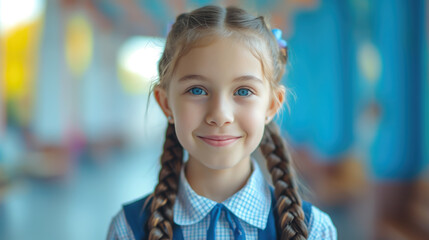 blue-eyed smiling schoolgirl with braids in uniform on the background of a school class, little girl, student, child, kid, children, education, training, study, knowledge, banner, portrait, person - obrazy, fototapety, plakaty