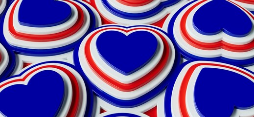 pattern with tricolor hearts,  national colors, blue, white and red, American, French, UK, Netherlands, Czech, Croatian, Australian, cuban, chilean, Norwegian and Slovenian flag colors.3D render