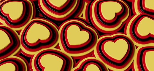 background with tricolor hearts,  national colors, black, yellow and red, German,  and Belgian flag colors.3D render