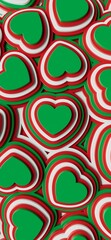 pattern with tricolor hearts, national colors, red, white and green, Italian, Bulgarian, Algerian, Lebanese,  Hungarian, Portuguese and  Mexican flag colors.3D render