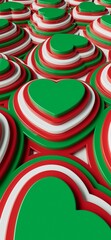 pattern with tricolor hearts,  national colors, red, white and green, Italian, Bulgarian, Algerian, Lebanese,  Hungarian, Portuguese and  Mexican flag colors.3D render