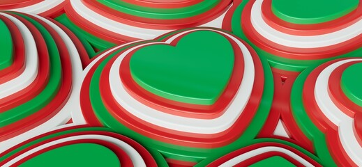 tricolor flag background made of hearts,  national colors, red, white and green, Italian, Bulgarian, Algerian, Lebanese,  Hungarian, Portuguese and  Mexican flag colors.3D render