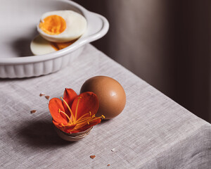 Eggs and flowers. Hard boiled egg. Happy Easter, spring or summer, food concept