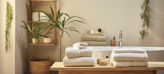 Organic cotton towels and bathrobe in a spa-like setting. Bath cotton white towels