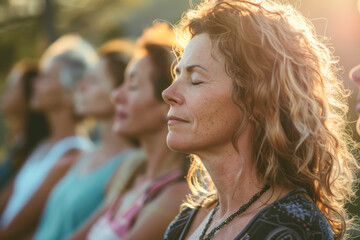 Group Of Mature Female Friends On Outdoor Yoga Retreat.