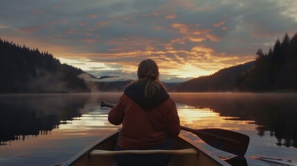 Sunset canoe trip on a calm lake calming rhythms paddle strokes