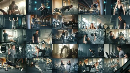 Sports athletes actively engage in physical exercises at the gym using various equipment. A collage of 25 videos with different exercises and athletes. This video is suitable for promoting your brand.