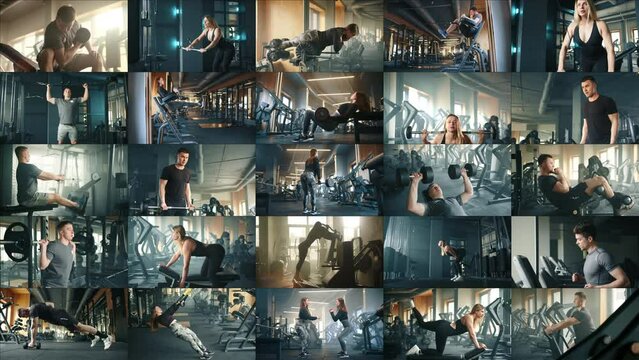 Sports athletes actively engage in physical exercises at the gym using various equipment. A collage of 25 videos with different exercises and athletes. This video is suitable for promoting your brand.