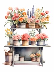 watercolor illustration of flowers shop on white background