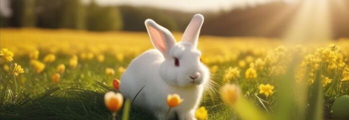 Holiday celebration banner with cute Easter bunny with decorated eggs and spring flowers on green spring meadow. Rabbit in landscape. Happy Easter greeting card, banner, festive background.Copy space