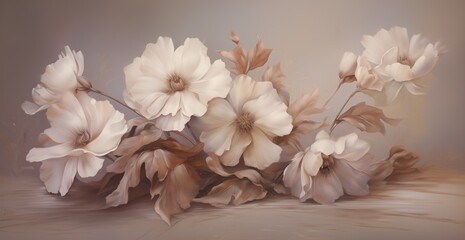 White-Yellow Flowers Painting, Brown Stains, Traditional Black White Style, Soft Beige Luxury Fabric