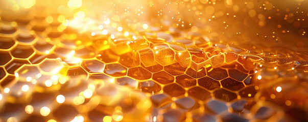Golden honeycomb background with light and sparkles. Sweet, healthy natural dessert. Honey production, apiculture. Propolis, bee wax, realistic honeycomb texture, hexagon pattern. - obrazy, fototapety, plakaty