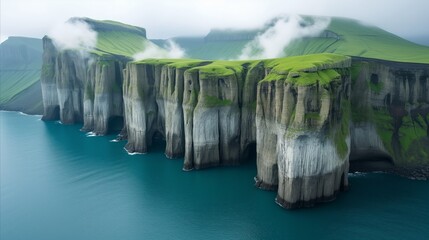 Misty Cliffs at Faroe Islands Overlooking Serene Sea