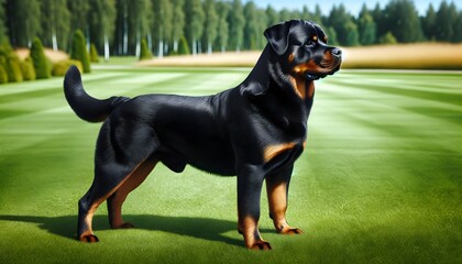 Rottweiler Gazing Distantly on a Green Landscape - Generative AI