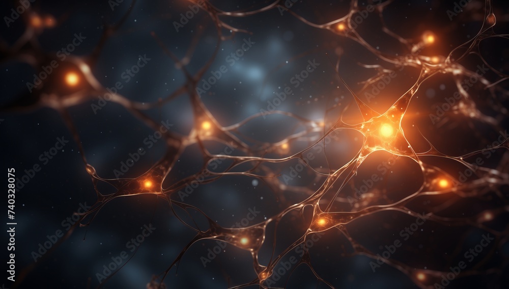 Poster neuron simulation, fluorescent neural activity, image of neuron surrounded by neurons, scientific il