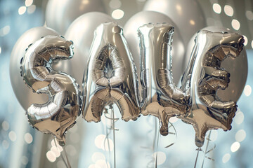 Shiny silver balloons spelling out the word sale, Offer, Promotion, Savings, Bargain concept - obrazy, fototapety, plakaty