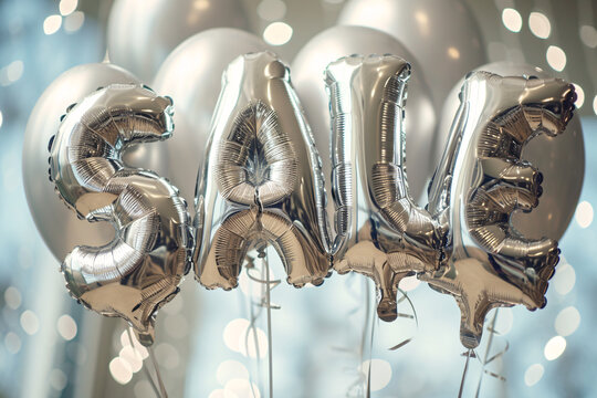Shiny silver balloons spelling out the word sale, Offer, Promotion, Savings, Bargain concept