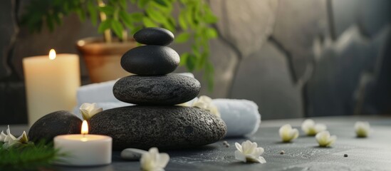 Fototapeta na wymiar Tranquil candle arrangement with rocks, flowers and pebbles for relaxation and mindfulness practice