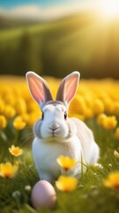 Fototapeta premium Holiday celebration banner with cute Easter bunny with decorated eggs and spring flowers on green spring meadow. Rabbit in landscape. Happy Easter greeting card, banner, festive background.Copy space