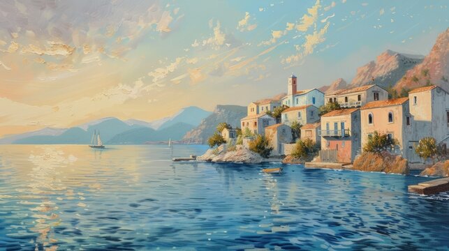 Mediterranean seaside village at dawn calming rhythms first light on water,watercolor style