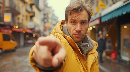 Man in Yellow Jacket Pointing on a Busy City Street