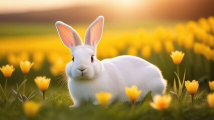 Holiday celebration banner with cute Easter bunny with decorated eggs and spring flowers on green spring meadow. Rabbit in landscape. Happy Easter greeting card, banner, festive background.Copy space