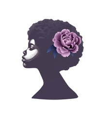 Illustration Silhouette of a black woman's head with a flower arrangement. Portrait, peonies, leaves, flower arrangement, bouquet on the head. Printmaking style