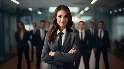 Beautiful and Confident Businesswoman in Office Environment, teammates in the background of the nice office interior. AI Generative.