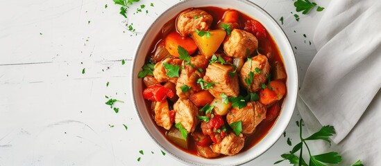 A white bowl filled with a delicious chicken stew recipe, featuring tender meat and savory vegetables, set against a clean white background.