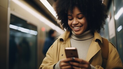 Young african american woman in the subway smiling using mobile phone