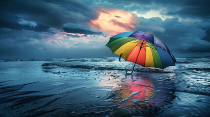 rainbow-colored umbrella on the beach in the rain  - obrazy, fototapety, plakaty