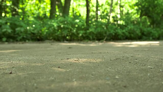 Three Bicycle Tires Pass Camera Close-up on Gravel Road