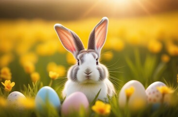Holiday celebration banner with cute Easter bunny with decorated eggs and spring flowers on green spring meadow. Rabbit in landscape. Happy Easter greeting card, banner, festive background.Copy space