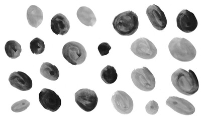 Brush strokes, circles, hand drawing made with watercolor paint. black and white, grayscale and gray. Round spots isolated on white background. Set Dots, balls, bubbles, organic and irregular shapes. 