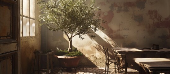 An olive tree in a pot adds beauty to the patio of a cafe.