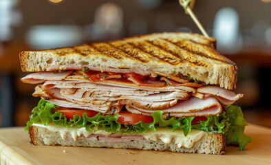 Sandwich with ham, cheese, lettuce and tomato on a dark background